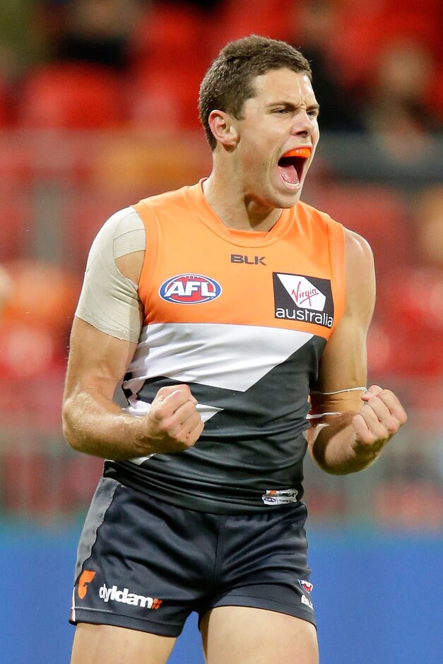 AFL 2016 Rd 14 - GWS Giants v Carlton Josh Kelly celebrates one of his two goals - ${keywords}